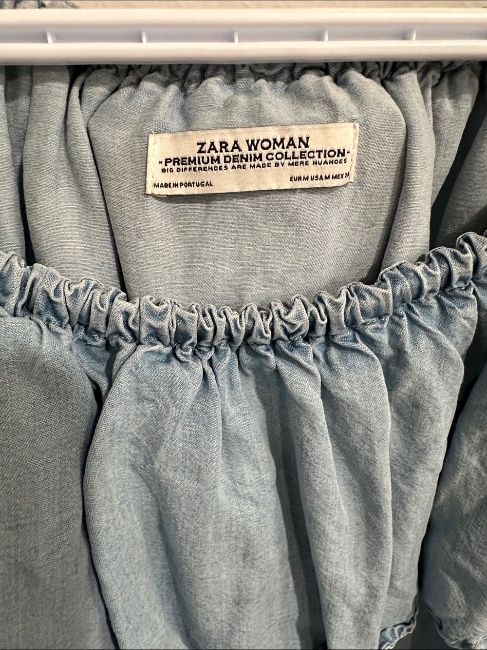 ZARA WOMAN Light Chambray Off-Shoulder Ruffle mini dress